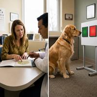 Comparativa entre la visión humana y la visión canina mostrando un examen de daltonismo en una persona y la percepción de colores de un perro golden retriever, explicando cómo ven los perros los colores rojo y verde.