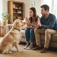 Una pareja sentada en un sofá de la sala de estar entrena a su perro Golden Retriever, que está sentado frente a ellos. Ambos dueños usan el mismo gesto de mano abierta y expresión verbal para enseñar una orden, ilustrando la importancia de la consistencia familiar en la obediencia de la mascota. La escena incluye una estantería de madera y luz natural.
