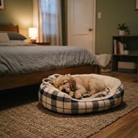 Un adorable cachorro Golden Retriever duerme plácidamente acurrucado en una acogedora cama a cuadros junto a la cama principal en un dormitorio con luz cálida,