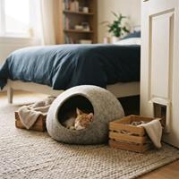 Un gato atigrado duerme plácidamente en su moderna cueva de fieltro en el dormitorio