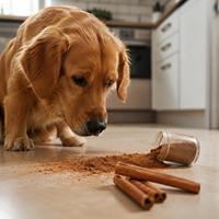 Perro frente a canela en polvo derramada en la cocina