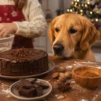 Perro junto a bizcocho de chocolate y nuez moscada en una cocina navideña,