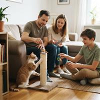 Una familia en su sala de estar aplica un enfoque unificado y positivo para educar a su gato, redirigiendo al gato atigrado hacia un poste rascador para evitar comportamientos no deseados