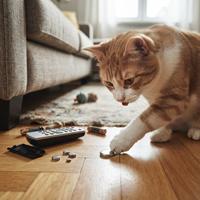 Un gato atigrado naranja y blanco sobre un suelo de madera juega peligrosamente con una pila de botón pequeña y un mando a distancia abierto, con la tapa y pilas AA sueltas cerca