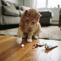 Un gato atigrado naranja curioso sobre un suelo de madera juega peligrosamente con una pastilla blanca individual y un tubo de crema medicinal abierto, con cápsulas rojas y blancas sueltas y un blíster de pastillas cerca