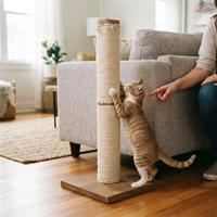 Un gato atigrado naranja afila sus uñas en un poste rascador de sisal, siguiendo su instinto mientras una mano humana lo anima