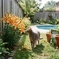 Un gato atigrado gris explora un jardín residencial soleado y se acerca peligrosamente a un gran grupo de lirios naranjas y amarillos en flor cerca de una valla de madera. En segundo plano se ven una piscina y productos de jardinería como fertilizantes