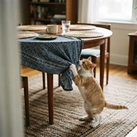 Un gato atigrado naranja y blanco se pone de pie sobre sus patas traseras para tirar con fuerza de un largo mantel de tela azul con patrón, que cuelga de una mesa de comedor de madera redonda. Sobre la mesa, platos de mimbre y una taza de café con vapor humeante están a punto de volcar
