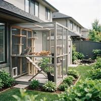 Un recinto exterior "catio" seguro y de lujo para gatos, construido con malla de alambre y madera, adosado a una moderna casa suburbana. Varios gatos felices, incluyendo un atigrado y un siamés, descansan y juegan en el interior en varios niveles con rascadores. El jardín circundante está lleno de plantas exuberantes y sin lirios tóxicos, con una valla de seguridad y una pequeña fuente de agua visible.
