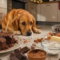 Perro rodeado de chocolate, pasas, nueces y otros ingredientes de repostería