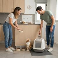 Una pareja comparte las tareas del hogar: la mujer alimenta al gato y el hombre limpia el arenero