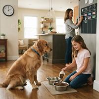 Una niña sonriente alimenta a su perro Golden Retriever con croquetas en la cocina de casa, mientras la madre actualiza un horario de tareas familiares en la nevera con imanes de colores