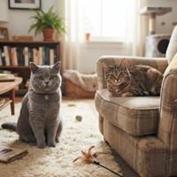 Dos gatos domésticos conviviendo en una sala de estar acogedora: un gato British Shorthair gris sentado en una alfombra y un gato atigrado marrón recostado en un sillón, rodeados de juguetes