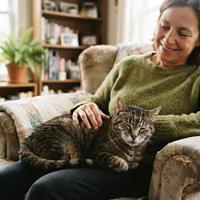 Una mujer sonriente acaricia a un gato atigrado senior que duerme plácidamente sobre sus rodillas en un sillón de tela con estampado floral, en una sala de estar luminosa con estanterías y plantas de fondo