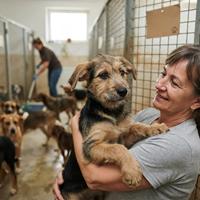 Una mujer sonriente sostiene tiernamente a un cachorro mestizo scruffy (cruza de terrier) en un refugio de animales