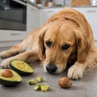 Perro frente a aguacate y hueso, un alimento que puede causar vómitos, diarrea y obstrucción intestinal en perros.