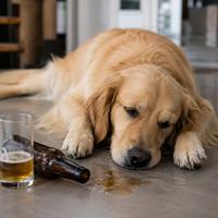 Perro intoxicado junto a cerveza derramada, mostrando somnolencia y debilidad por consumo de alcohol,
