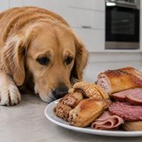 Perro junto a carne grasa, embutidos y restos de asado,