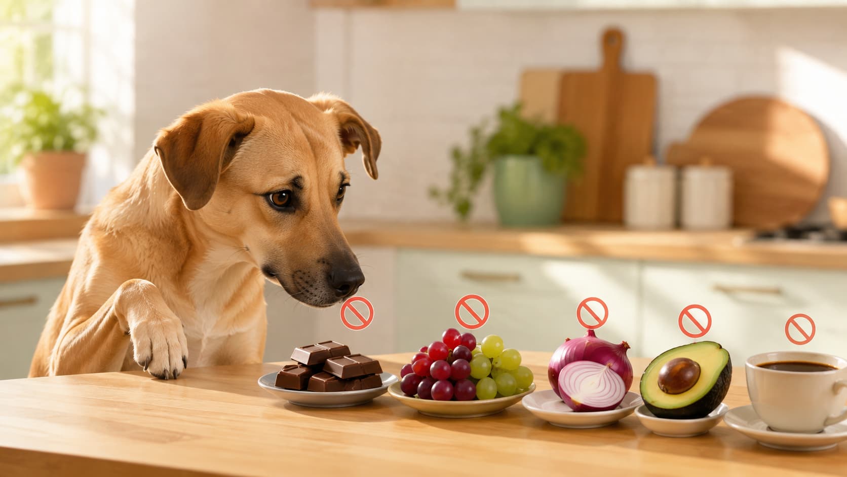 Perro curioso junto a alimentos prohibidos para perros como chocolate, uvas, cebolla, aguacate y café