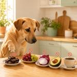 Perro curioso junto a alimentos prohibidos para perros como chocolate, uvas, cebolla, aguacate y café