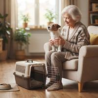 Una anciana sonriente sentada en un sillón en su luminoso salón, sosteniendo suavemente a su pequeño perro Jack Russell Terrier. Cerca se observa un transportín abierto y un cuenco de comida