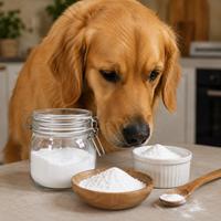 Perro junto a bicarbonato de sodio y polvo de hornear, ingredientes peligrosos para perros