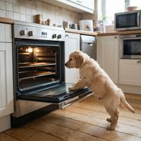 Cachorro de Golden Retriever de pie sobre sus patas traseras explorando el interior de un horno de cocina abierto
