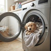 Cachorro de Golden Retriever recostado sobre ropa dentro del tambor de una lavadora abierta