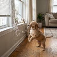 Cachorro de Golden Retriever jugando peligrosamente con los cordones sueltos de una persiana en el interior de una sala de estar