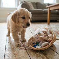 Cachorro de Golden Retriever masticando hilos de coser peligrosos junto a una papelera de costura volcada que contiene agujas