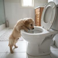 Cachorro de Golden Retriever asomándose peligrosamente al interior de la taza de un inodoro abierto en un baño