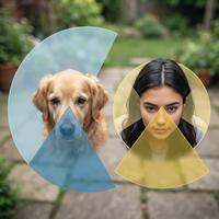 Comparación de los campos visuales de un perro y una persona en un jardín