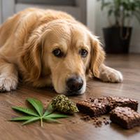 Perro junto a marihuana y brownies de chocolate