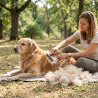 Dueña cepillando el abundante pelaje de doble capa de su Golden Retriever sobre una manta en el parque