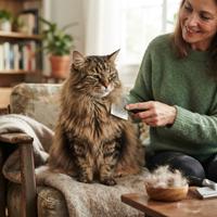 Una mujer sonriente cepilla el abundante pelaje de un gato atigrado de pelo largo, el cual está sentado pacientemente sobre un sillón,