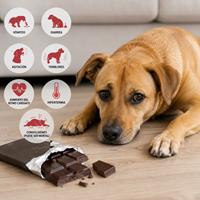 Perro con síntomas de intoxicación por chocolate junto a chocolate negro, mostrando vómitos, diarrea, temblores, hipertermia y convulsiones por consumo de chocolate