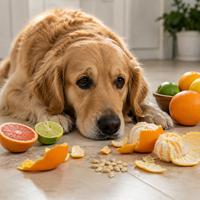 Perro junto a naranjas, limones y pomelos