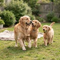 Tres perros Golden Retriever jugando felices en un jardín soleado