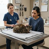 Mujer preocupada acariciando a su gato apático sobre la camilla de una clínica veterinaria mientras la especialista observa el historial médico