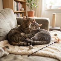 Dos gatos atigrados, uno marrón y uno gris, se acurrucan y se lamen cariñosamente sobre una manta suave en un sofá