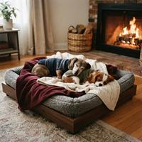 Dos perros abrigados con suéteres duermen juntos en una cama elevada y mullida con mantas térmicas, frente a una acogedora chimenea encendida en invierno.