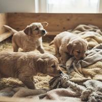 Tres cachorros Golden Retriever en una caja de parto con paja y mantas, explorando un juguete de cuerda