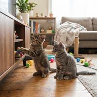 Dos adorables gatitos curiosos jugando con juguetes en la sala de estar