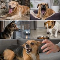 Perro con síntomas de estrés y ansiedad como jadeo excesivo, bostezos repetidos, hipervigilancia, falta de apetito y comportamiento defensivo por miedo o inseguridad.