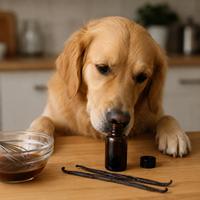 Perro oliendo un frasco de extracto de vainilla, alimento peligroso para perros