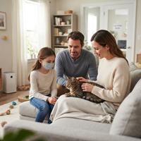 Una familia de tres personas, incluyendo una niña con mascarilla, interactúa de forma segura con un gato atigrado en una sala de estar hogareña, demostrando cómo gestionar la convivencia con alergias a las mascotas mediante interacción previa y un entorno limpio con purificador de aire.