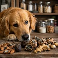 Perro junto a frutos secos mohosos, nueces y cacahuetes en mal estado