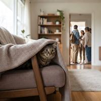 Gato atigrado asomándose curioso bajo una manta de punto beige en un sofá, mientras un grupo de personas conversa en el umbral de una puerta al fondo en un salón luminoso