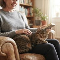 Un gato atigrado de pelo corto descansa plácidamente y ronronea sobre las rodillas de una mujer sonriente que lee un libro en un sillón de cuero,