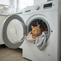 Gato curioso descansando dentro del tambor de una lavadora abierta sobre ropa